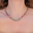 Collier tranches pierres Quartz strawberry rose et vert anneaux argent