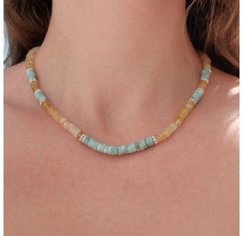 Collier tranches pierres Citrine et Amazonite anneaux argent