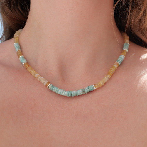 Collier tranches pierres Citrine et Amazonite anneaux argent