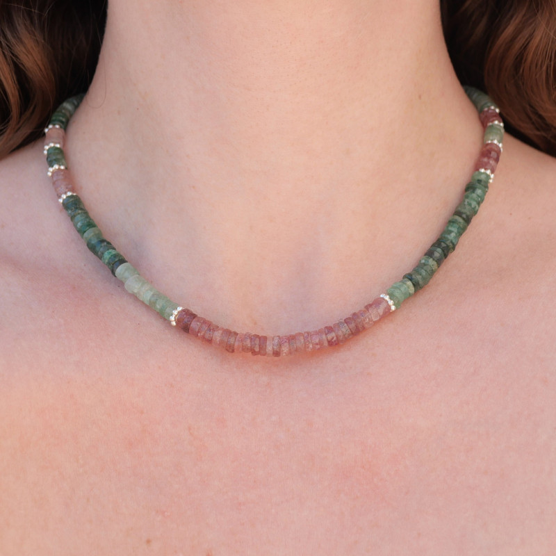 Collier tranches pierres Quartz strawberry vert et rose anneaux argent