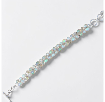 Bracelet en argent 2 rangs 42 petites pierres en Opale d'Ethiopie