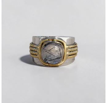 Bague large argent doré tressé pierre carrée Quartz tourmaline T59