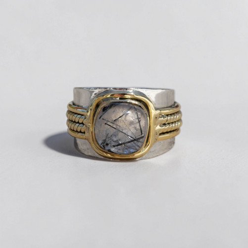 Bague large argent doré tressé pierre carrée Quartz tourmaline T59