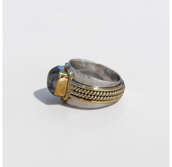 Bague large argent doré tressé pierre carrée Quartz tourmaline T59