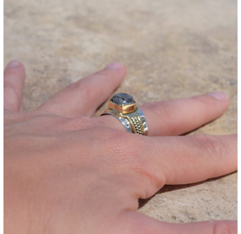 Bague large argent doré tressé pierre carrée Quartz tourmaline T59