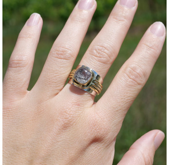 Bague large argent doré tressé pierre carrée Quartz tourmaline T59