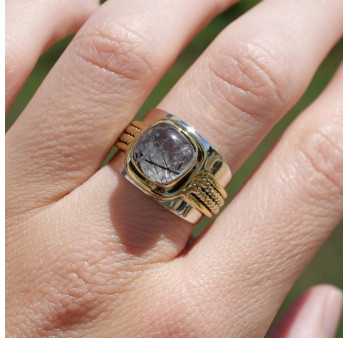 Bague large argent doré tressé pierre carrée Quartz tourmaline T59
