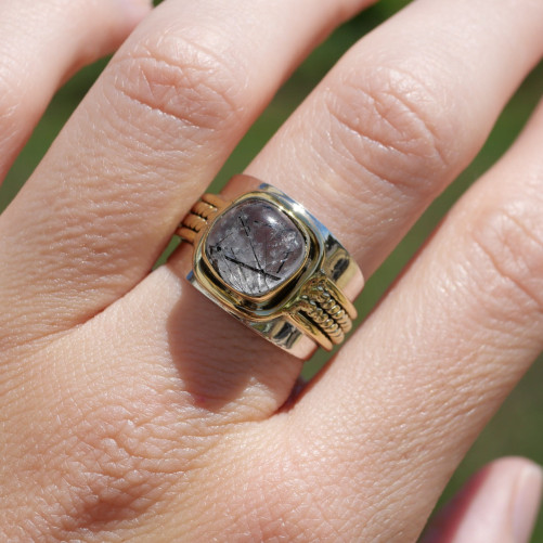 Bague large argent doré tressé pierre carrée Quartz tourmaline T59