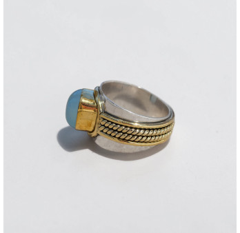 Bague large argent doré tressé pierre carrée Calcédoine T57