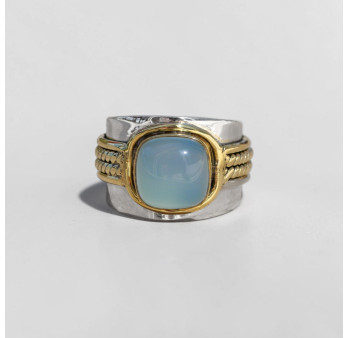 Bague large argent doré tressé pierre carrée Calcédoine T57
