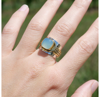 Bague large argent doré tressé pierre carrée Calcédoine T57