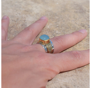 Bague large argent doré tressé pierre carrée Calcédoine T57