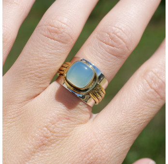 Bague large argent doré tressé pierre carrée Calcédoine T57