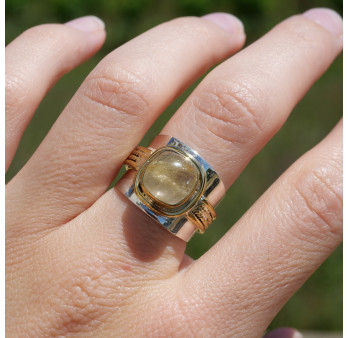 Bague large argent doré tressé pierre carrée Quartz rutile T57