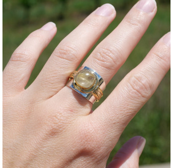 Bague large argent doré tressé pierre carrée Quartz rutile T57
