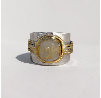 Bague large argent doré tressé pierre carrée Quartz rutile T57