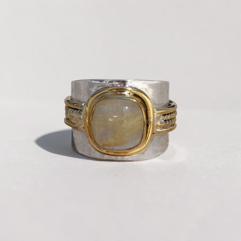 Bague large argent doré tressé pierre carrée Quartz rutile T57 Bague large argent doré tressé pierre carrée Quartz rutile T57
