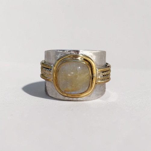 Bague large argent doré tressé pierre carrée Quartz rutile T57