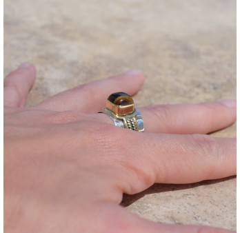 Bague large argent doré tressé pierre carrée Oeil de tigre T59