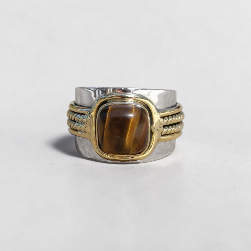 Bague large argent doré tressé pierre carrée Oeil de tigre T59 Bague large argent doré tressé pierre carrée Oeil de tigre T59