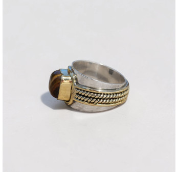 Bague large argent doré tressé pierre carrée Oeil de tigre T59
