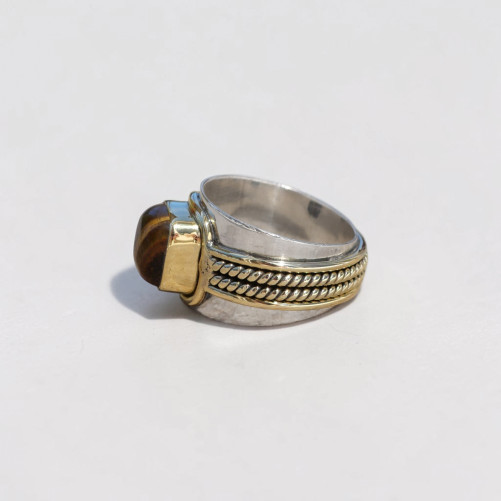 Bague large argent doré tressé pierre carrée Oeil de tigre T59