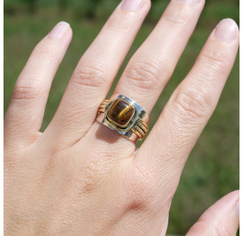 Bague large argent doré tressé pierre carrée Oeil de tigre T59