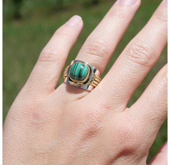 Bague large argent doré tressé pierre carrée Malachite T54