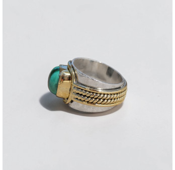 Bague large argent doré tressé pierre carrée Malachite T54