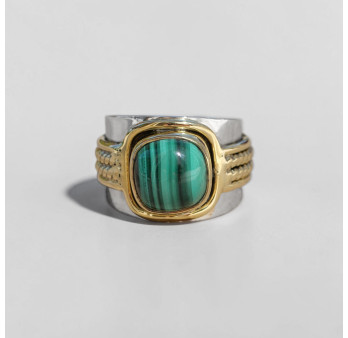 Bague large argent doré tressé pierre carrée Malachite T54