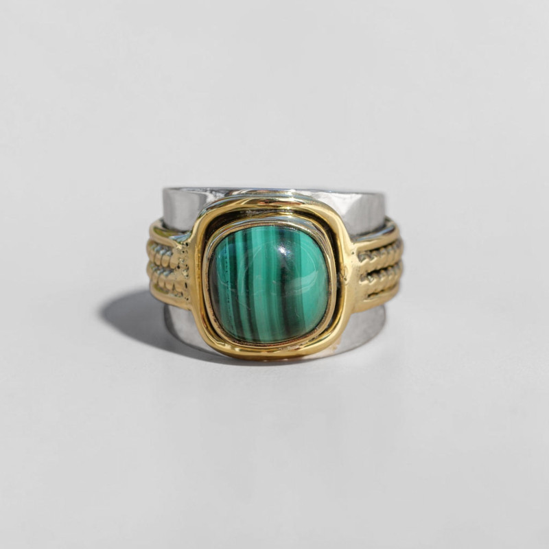 Bague large argent doré tressé pierre carrée Malachite T54 Bague large argent doré tressé pierre carrée Malachite T54