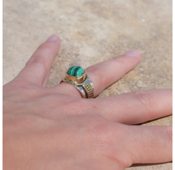 Bague large argent doré tressé pierre carrée Malachite T54