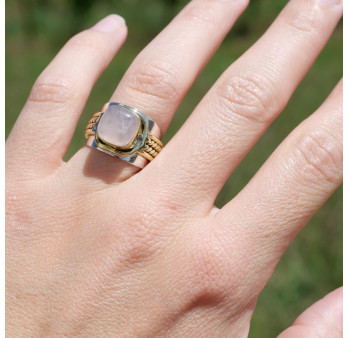 Bague large argent doré tressé pierre carrée Quartz rose T54