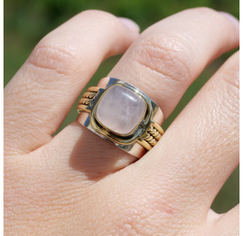 Bague large argent doré tressé pierre carrée Quartz rose T54