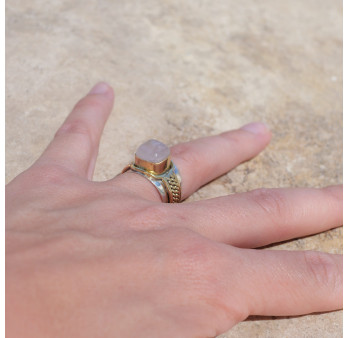 Bague large argent doré tressé pierre carrée Quartz rose T54