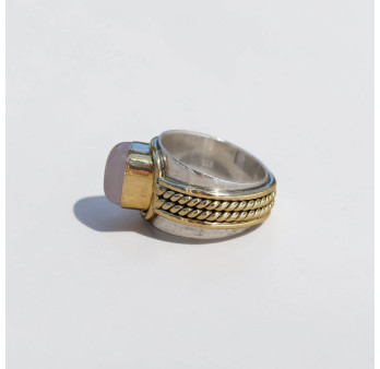 Bague large argent doré tressé pierre carrée Quartz rose T54