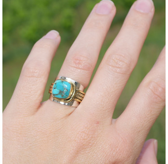 Bague large argent doré tressé pierre carrée Turquoise mohave T52