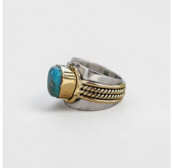 Bague large argent doré tressé pierre carrée Turquoise mohave T52