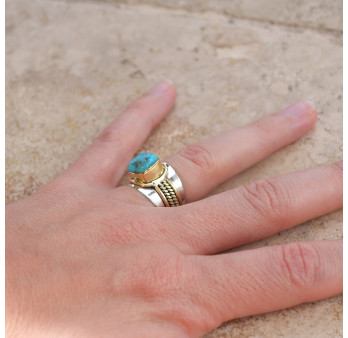Bague large argent doré tressé pierre carrée Turquoise mohave T52