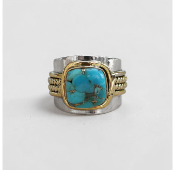 Bague large argent doré tressé pierre carrée Turquoise mohave T52