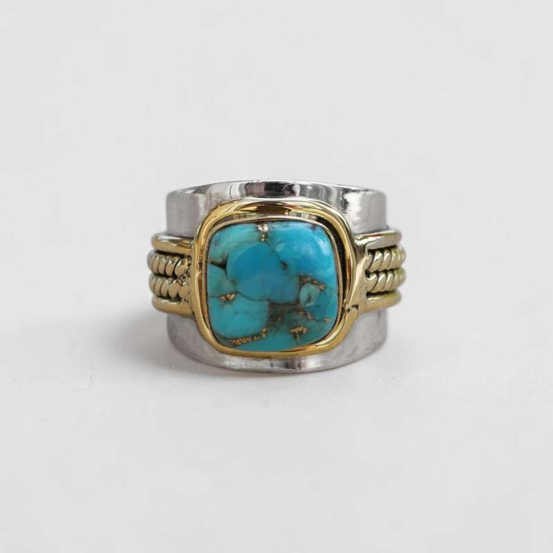 Bague large argent doré tressé pierre carrée Turquoise mohave T52 Bague large argent doré tressé pierre carrée Turquoise mohave T52