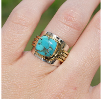 Bague large argent doré tressé pierre carrée Turquoise mohave T52