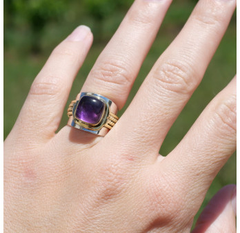 Bague large argent doré tressé pierre carrée en Améthyste T52