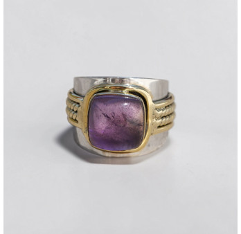 Bague large argent doré tressé pierre carrée en Améthyste T52