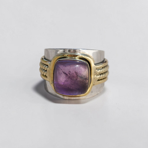 Bague large argent doré tressé pierre carrée en Améthyste T52