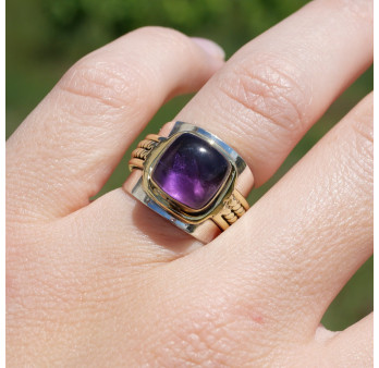 Bague large argent doré tressé pierre carrée en Améthyste T52