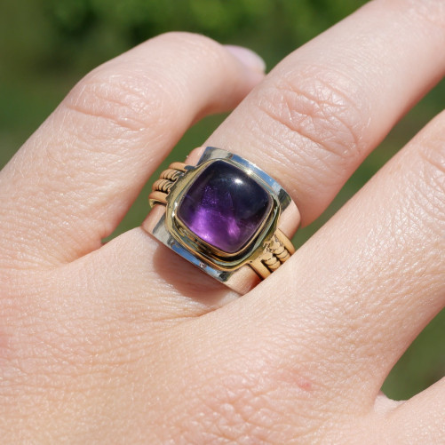 Bague large argent doré tressé pierre carrée en Améthyste T52
