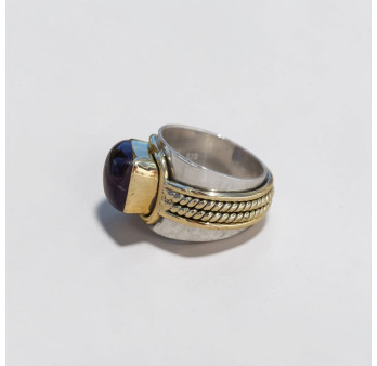 Bague large argent doré tressé pierre carrée en Améthyste T52