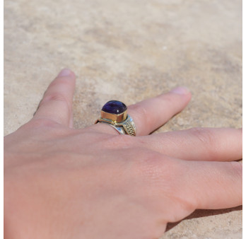 Bague large argent doré tressé pierre carrée en Améthyste T52