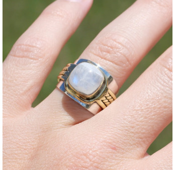 Bague large argent doré tressé pierre carrée en Pierre de lune T54